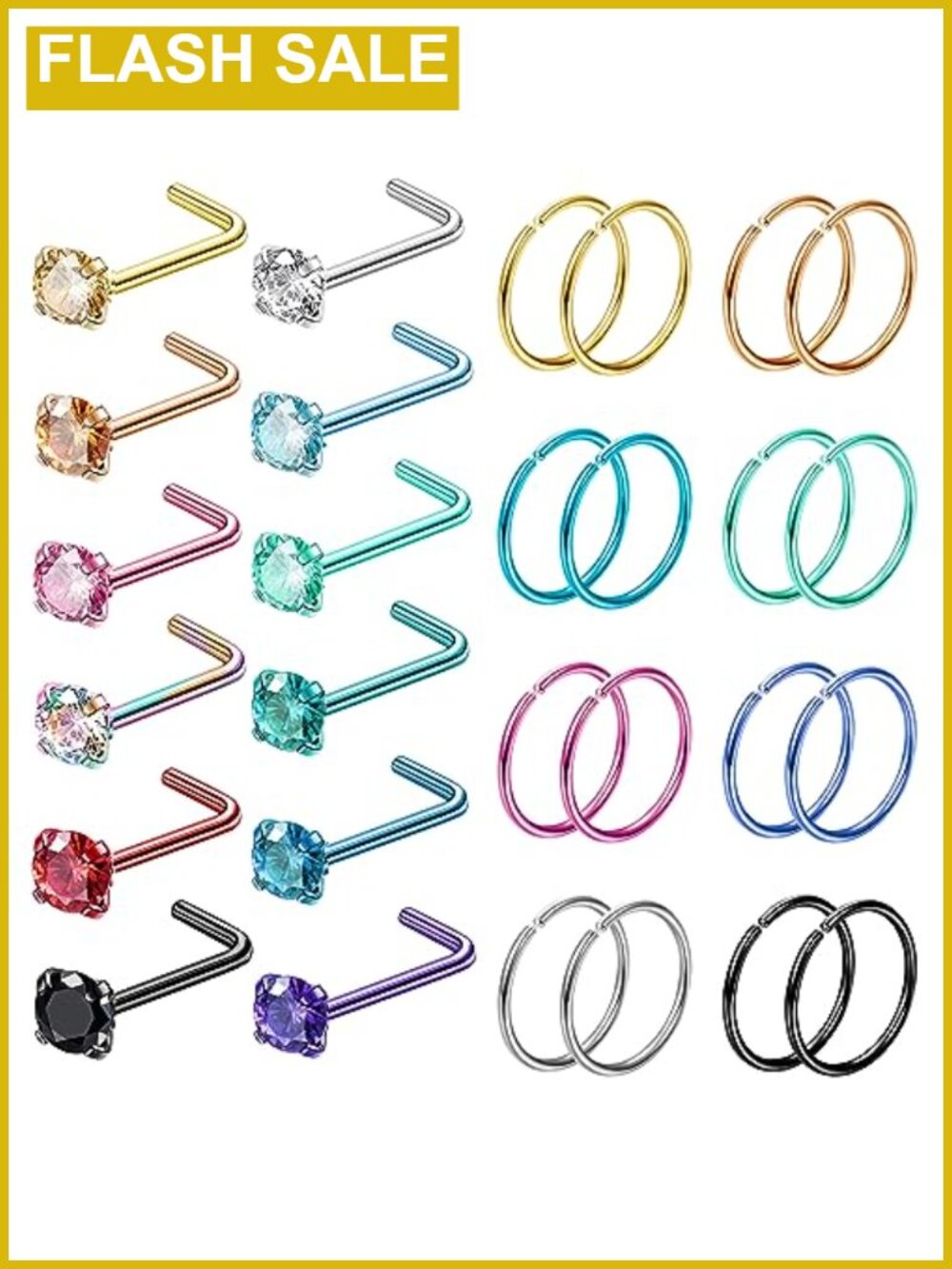28pc Stainless Steel Nose Rings Hoops Studs Set 18G 20G 22G Body Piercing